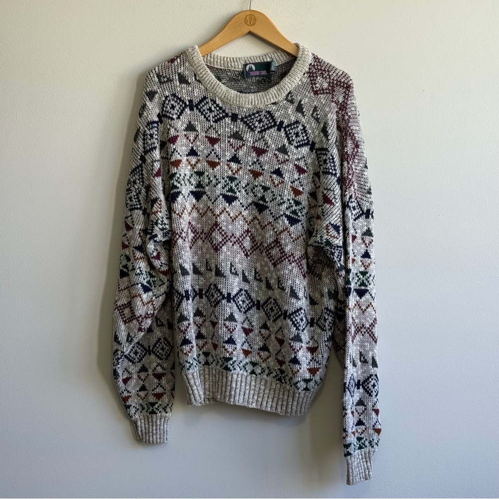 Timber Trail Vintage Geometric Knit Sweater Neutral Earth Tones Crewneck Large